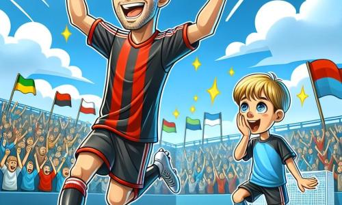 Un tânăr, Cosmin, de aproximativ 25 de ani, se află în centrul imaginii, cu un zâmbet larg pe față, exprimând bucurie și mândrie după ce a marcat un gol. Poartă un tricou de fotbal roșu și negru, cu șosete albe și ghete strălucitoare, iar părul său brun este ușor dezordonat din cauza efortului. Lângă el, un băiat de 10 ani, Alex, cu părul blond și ochi strălucitori, își ridică brațele în aer, sărbătorind cu entuziasm. Poartă un tricou de fotbal albastru și un șort negru, fiind ușor în fundal, privindu-l pe Cosmin cu admirație. Decorul este un stadion de fotbal vibrant, plin de spectatori entuziaști care flutură steaguri și bannere colorate, sub un cer albastru deschis cu câteva nori albi. Situația principală arată cum Cosmin sărbătorește victoria după ce a marcat golul decisiv, în timp ce Alex, tânărul său fan, îl observă cu ochi admirativi, visând să devină într-o zi un mare jucător de fotbal ca el.