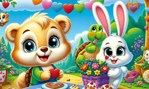 Wally, a small wolf with soft, fluffy fur, bright eyes, and a big joyful smile, is at the center of the scene decorating a table with heart-shaped cookies. Next to him, Bella the bunny, with her white fur and large ears, jumps for joy holding a bouquet of colorful flowers, her face beaming with excitement. Timmy the turtle, with his green shell and small legs, smiles gently as he places heart-shaped paper garlands on the branches of the trees. The scene takes place in an enchanted glade surrounded by majestic trees with shimmering leaves, under a clear blue sky dotted with fluffy clouds. Multicolored flowers cover the ground, adding a touch of magic to the atmosphere. Wally and his friends are preparing a Valentine's Day party filled with laughter and joy, with festive decorations and delicious treats, creating a warm and friendly ambiance.