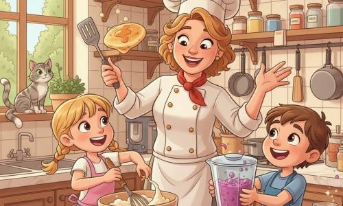 A smiling, joyful woman chef in her forties with curly brown hair under a white toque and a cream chef jacket with gold buttons holds a spatula in one hand and a pan with a golden pancake in the other, while an excited 8-year-old girl, Lucy, with blond pigtails and a pink apron vigorously whisks frothy batter in a large bowl and an enthusiastic 8-year-old boy, Max, with short brown hair and a blue apron holds a blender of purple-red berry purée looking at the chef; a gray tabby cat, Whiskers, with green eyes sits on a shelf by the window watching. The bright, colorful bistro kitchen shows an herb garden outside, wooden shelves of labeled spice jars, hanging shiny pots, cream tiles and a light marble countertop as they prepare "Fairy Pancakes" and sparkling smoothies—bubbles on the pancake, berry splashes in the blender and edible glitter above the glasses, warm morning light, vivid colors and crisp textures.