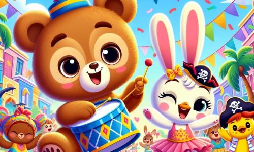 Un pequeño oso de peluche llamado Osito, con suave pelaje marrón y ojos brillantes de alegría, toca el tambor con una gran sonrisa, rodeado de colores vivos y confeti. A su lado, una adorable conejita llamada Lila, con largas orejas y un bonito tutú rosa, baila con entusiasmo, sus ojos brillan de felicidad. Un pequeño pato amarillo llamado Pipo, que lleva un sombrero de pirata y una bufanda roja, bate sus alas al ritmo, riendo con todas sus fuerzas. La escena tiene lugar en una calle animada decorada con globos multicolores, pancartas y serpentinas, bajo un cielo azul brillante. Los niños bailan alrededor, creando una atmósfera festiva y alegre. Osito, Lila y Pipo celebran juntos el carnaval, tocando música y bailando, llenos de energía y felicidad, mientras los demás niños se unen a esta colorida fiesta.