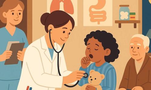 A doutora Lila é uma mulher adulta de rosto doce e sorridente, olhos castanhos, cabelo preso em coque, vestindo um grande jaleco branco com bolsos cheios de instrumentos coloridos; ela é calma e segura, inclinada com um estetoscópio na mão examinando uma menina de cerca de 6 anos, cabelos encaracolados e negros, pijama listrado azul, tossindo levemente e abraçando uma pequena pelúcia bege sentada à direita da mesa de exame. A enfermeira Bia, cerca de 30 anos, pele clara e cabelo curto, sorri atenta atrás da doutora à esquerda, segurando um caderninho e um termômetro eletrônico. Um idoso de cerca de 70 anos está sentado num canto com uma bengala ao lado e olhar benevolente, pronto para esperar sua vez. No umbral da porta, um pacote misterioso embrulhado em papel pardo e barbante repousa sobre um pequeno banco de madeira, iluminado pela luz amarela da lâmpada de entrada. A sala de exame é acolhedora e simples: paredes creme, cartazes coloridos de anatomia simplificada, prateleira de madeira com frascos de algodão e caixas de curativos multicoloridos, luminária de canto suave e uma grande janela mostrando a lua cheia; cena principal: a doutora inclina-se com expressão afetuosa enquanto ausculta a menina, a enfermeira faz anotações e o pacote espera, numa atmosfera noturna calma e segura.