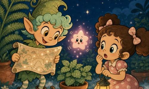 Um pequeno elfo masculino de cabelos verde-menta encaracolados, chapéu pontudo de folha, olhos mel brilhantes e sorriso malicioso segura um pergaminho-cartas com bordas prateadas cintilantes; uma menininha Lilás de ~6 anos, cabelos castanhos encaracolados em duas maria-chiquinhas e vestido simples de bolinhas, ajoelha-se junto a um vaso de hortelã segurando uma pequena lanterna amarela, maravilhada e curiosa; uma estrelinha perdida minúscula e rosada, em forma redonda com pétalas de luz, flutua tremulante entre eles acima do vaso; jardim noturno com grama macia, silhuetas de folhas de jasmim, uma grande samambaia à esquerda, vasos de barro, céu azul-escuro com poucas estrelas e leve névoa luminosa; cena calorosa em cores pastéis contrastantes (verde-menta, rosa pálido, azul-noite), traços arredondados e estilo cartoon retrô.