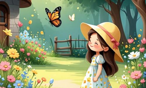 Una bambina di 4 anni, di nome Anna, con lunghi capelli castani e occhi pieni di curiosità, si trova nel mezzo di un giardino colorato. Indossa un vestito leggero a fiori e un piccolo cappello giallo che le dà un'aria gioiosa. Anna sorride meravigliata osservando una bella farfalla che vola tra i fiori. Accanto a lei, sua madre, una donna di circa 30 anni con capelli castani e un sorriso caloroso, si accovaccia per mostrarle un'ape che succhia il nettare da una rosa. Indossa una maglietta blu chiaro e jeans, ed è felice di condividere questo momento con sua figlia. Il giardino è un vero dipinto di primavera, pieno di fiori vivaci di tutti i colori: rosa, viola, giallo e blu. Alberi verdi circondano lo spazio, e il cielo è di un blu brillante, punteggiato da alcune nuvole bianche e soffici. La scena principale mostra Anna meravigliata dalla bellezza della natura, mentre osserva attentamente la farfalla che danza tra i fiori, mentre sua madre le spiega l'importanza delle api e dei fiori nel giardino.