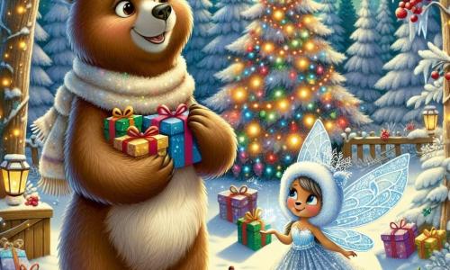 In a magical forest covered in sparkling snow, a brown bear named Benny, with soft and fluffy fur, smiles in wonder while holding colorful gifts in his paws. His eyes shine with joy and excitement as he stands in front of a large Christmas tree decorated with red berries and twinkling lights. Beside him, a little snow fairy named Flicker, with delicate wings shimmering like snowflakes, joyfully flies around him. She wears a dress made of icicles and has a broad smile, spreading magical dust over the gifts. The setting is enchanting, with majestic trees laden with snow, a starry night sky, and a soft moonlight illuminating the scene. Benny and Flicker, united by the spirit of Christmas, are placing gifts in front of the burrows and nests of the forest animals, sharing the magic and joy of this special night.