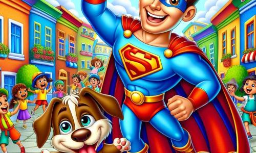 Een superheld genaamd Bob, in een stralend rood en blauw kostuum met een wapperende cape en een grote blije glimlach, staat in het midden van de afbeelding met een vuist omhoog in enthousiasme. Naast hem staat een schattige hond genaamd Max, een kleine bruine hond met hangende oren, die van blijdschap springt en blaft, met fonkelende ogen van opwinding. Op de achtergrond is een drukke stadsstraat te zien, met kleurrijke huizen, groene bomen en kinderen die lachen en spelen. De hoofdscène toont Bob en Max die de Vervelende Vogel aan het lachen maken, een kleurrijke vogel met glanzende veren, die in de lucht hangt en zich kapot lacht om een grap van Max.