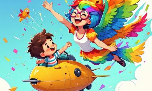 Clara, o femeie veselă cu părul în formă de curcubeu, poartă o bluză colorată și ochelari rotunzi. Ea râde cu brațele ridicate, în timp ce pilotează un aparat zburător în formă de pasăre mare, înconjurată de clătite care dansează în aer. Lângă ea, un băiat de 8 ani, cu părul castaniu și un tricou cu dungi, se uită uimit, încercând să prindă o clătită care cade. O altă persoană, o fetiță de 7 ani cu codițe blonde și o rochie cu flori, stă pe iarbă, râzând și ținând o clătită pe care tocmai a prins-o. Scena se desfășoară într-un sat mic și însorit, cu case colorate și acoperișuri de țiglă, copaci verzi și flori strălucitoare pe marginea drumului. Cerul este albastru cu câteva nori albi pufoși, iar păsările zboară vesele în jur. Situația principală arată cum Clara își face invenția să zboare, cu clătite plutind în jurul ei, în timp ce copiii se distrează încercând să le prindă, creând o atmosferă de bucurie și magie.