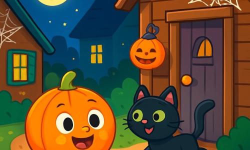 Een klein, rond en glimlachend figuurtje, een pompoen genaamd Pompeltje, met grote nieuwsgierige ogen en een glanzende oranje huid, rolt vrolijk over het onverharde pad, vol opwinding voor Halloween. Naast hem springt een kleine zwarte kat genaamd Minoes, met een glanzende vacht en sprankelende groene ogen, vrolijk en met een ondeugende glimlach, klaar om hem te helpen in zijn zoektocht. De achtergrond is een pittoresk dorp met houten huizen met kleurrijke luiken, versierd met glinsterende spinnenwebben en pompoenlantaarns, onder een sterrenhemel en een heldere maan. De belangrijkste situatie toont Pompeltje en Minoes die naar de deur van een oud huis gaan, waar ze zich voorbereiden om aan te kloppen voor snoep, omringd door een magische en feestelijke sfeer, vol levendige kleuren en vreugde.