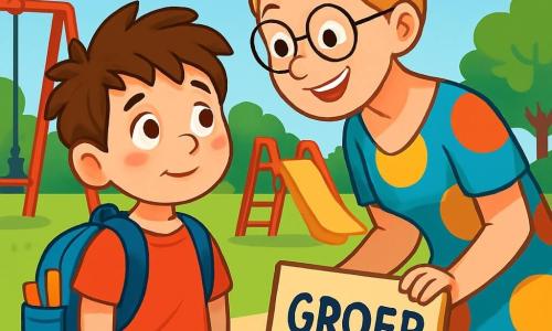 Een 6-jarig jongetje, Sam, met rommelig bruin haar en nieuwsgierige ogen, staat in het midden van de speelplaats. Hij draagt een felrode t-shirt en een kleine blauwe rugzak, vol schoolspullen. Zijn gezicht toont een combinatie van opwinding en nervositeit, met een lichte glimlach en blozende wangen. Naast hem staat een glimlachende vrouw, juf Anne, ongeveer 30 jaar oud, met blond haar in een knot en ronde brillen, die zich lichtjes naar Sam leunt. Ze draagt een kleurrijke jurk en houdt een bord met de naam van de klas vast. Ze lijkt uitnodigend en bemoedigend. Op de achtergrond is de speelplaats gevuld met kleurrijke speeltoestellen: een rode schommel, een gele glijbaan en kinderen die vrolijk rennen. Groene bomen omringen het terrein, en de lucht is blauw met enkele witte wolken. De belangrijkste situatie toont Sam, een beetje aarzelend, klaar om de eerste stap te zetten naar nieuwe vrienden, terwijl juf Anne hem aanmoedigt met een grote glimlach, waardoor een warme en gastvrije sfeer ontstaat.