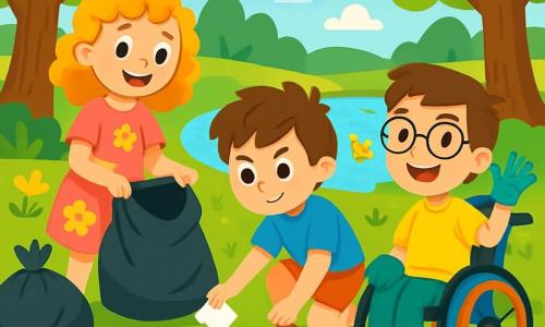 There are three characters: Emma, an 8-year-old girl with curly blonde hair wearing a pink floral dress, standing and smiling while holding a large plastic bag to collect trash; Leo, a 9-year-old boy with messy brown hair wearing a blue t-shirt and shorts, crouched down picking up a piece of paper with a determined look; and Sam, an 8-year-old boy with brown hair and glasses sitting in his colorful wheelchair, smiling joyfully while holding a gardening glove, ready to help his friends. The setting is a lush park filled with colorful flowers and majestic trees. A pond sparkles in the sun where ducks swim peacefully, and rays of light filter through the leaves, creating dancing shadows on the grass. Trash bags filled with waste are scattered around, contrasting with the park's natural beauty. The main scene shows the three friends cleaning the park, with Emma and Leo picking up litter while Sam encourages them with a big smile. They are all focused and happy, surrounded by nature, working together to make their park more beautiful and cleaner.