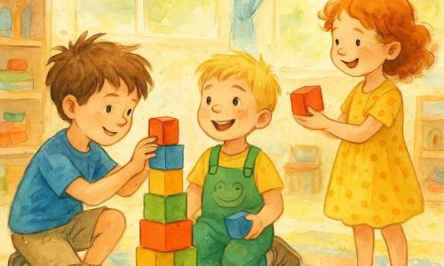 Es gibt 3 Charaktere: Ein Junge namens Lio, etwa 6 Jahre alt, mit zerzausten braunen Haaren, trägt ein blaues T-Shirt und eine beige Shorts, hockt und platziert einen bunten Block auf einen Turm. Ein Junge namens Emil, etwa 6 Jahre alt, mit blonden Haaren und funkelnden Augen, trägt eine grüne Latzhose mit Froschmuster, sitzt neben Lio und hält einen weiteren Block in der Hand. Ein Mädchen namens Nora, etwa 6 Jahre alt, mit lockigem rotem Haar, trägt ein gelbes gepunktetes Kleid, steht neben dem Turm, lächelt und reicht Emil einen roten Block. Der Ort ist ein heller Spielraum in einem Kindergarten mit großen Fenstern, die Sonnenlicht hereinlassen. Der Boden ist mit einem bunten Teppich bedeckt, und Regale voller Spielzeug und Bücher rahmen den Raum ein. In der Mitte wird ein großer Turm aus bunten Blöcken gebaut. Die Hauptsituation zeigt die Kinder, die freudig zusammenarbeiten, um den höchsten Blockturm zu bauen. Die leuchtenden Farben der Blöcke kontrastieren mit dem sanften Sonnenlicht, das durch das Fenster hereinfällt, und schaffen eine warme und freundliche Atmosphäre. Die Kinder sind konzentriert, aber lächelnd, was den Geist der Zusammenarbeit und der zweiten Chance widerspiegelt.
