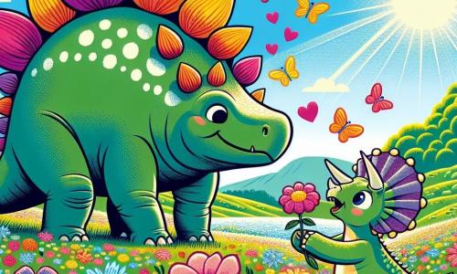 Ein großer Stegosaurus mit bunten Platten auf dem Rücken und einem fröhlichen Lächeln steht in einem Feld voller leuchtender Blumen. Neben ihm hebt ein kleiner Triceratops mit drei Hörnern auf der Stirn und funkelnden Augen begeistert ein Bein, um eine schöne Blume zu pflücken. Die Landschaft ist ein weitläufiges, grünes Tal, übersät mit bunten Blumen, unter einem hellblauen Himmel, in dem die Sonne scheint. Die Hauptszene zeigt die beiden Dinosaurier, die einen schönen Blumenkranz kreieren, der ihre Freundschaft symbolisiert, während Blütenblätter in der sanften Brise um sie herumfliegen.
