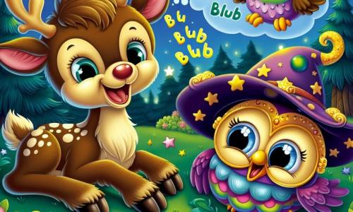Un piccolo renna di nome Fuffo, con un morbido pelo marrone e grandi orecchie curiose, è sdraiato sull'erba verde, ridendo a crepapelle con occhi scintillanti di gioia. Accanto a lui, un gufo colorato, con un grande cappello viola decorato con stelle dorate, sorride maliziosamente mentre fluttua nell'aria, con le ali spiegate e gli occhi rotondi brillanti di divertimento. Non lontano, un buffo fiore dai petali multicolori e dal viso sorridente emette suoni divertenti come "Blub, blub", aggiungendo all'atmosfera gioiosa. Il contesto è un boschetto incantato sotto un cielo stellato, con una luna brillante e stelle scintillanti, circondato da alberi con foglie luminose. La scena principale mostra Fuffo, il renna, che ride a crepapelle, mentre il gufo e il fiore condividono barzellette divertenti, creando un'atmosfera di felicità e magia notturna.