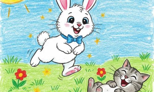 A fluffy white rabbit with pink ears, smiling and joyful, jumping high with tucked legs and small yellow stars around it, wearing a blue bow and big shiny round eyes with simple, thick outlines; a gray tabby cat lying on the grass to the right, laughing and holding its belly with twitching whiskers and squinted eyes; sunny meadow with green grass, scattered red and yellow flowers and a light blue sky with a big smiling sun top-left — playful, colorful, childlike style.