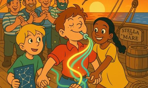 Marco, circa 12 anni, volto rotondo e lentiggini, capelli bruni spettinati, soffia in un piccolo fischietto metallico da cui escono nastri luminosi colorati (blu, verde, oro) che avvolgono le mani unite e si propagano come onde scintillanti sul ponte; Giulia, circa 12 anni, capelli neri intrecciati, sorride e tiene la mano destra di Marco mentre con l'altra tira una cima; Tommaso, circa 12 anni, capelli biondi corti, a sinistra di Marco mostra una carta stellare con una mano e tiene la mano di Giulia con l'altra; alcuni marinai adulti e ragazzi formano un mezzo cerchio dietro di loro sul ponte in legno della vecchia goletta 