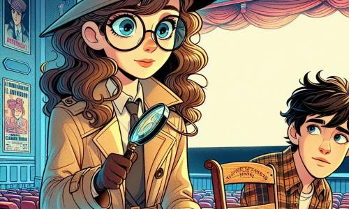 Una giovane detective di nome Alba si trova al centro della scena, con capelli castani ondulati e occhiali tondi che le conferiscono un'aria intelligente e curiosa. Indossa un trench beige e un cappello da detective, e il suo volto è segnato da un'espressione di concentrazione ed eccitazione. Accanto a lei, Marco, un ragazzo di 20 anni con capelli neri disordinati e una camicia a quadri, guarda con interesse una vecchia sedia da cinema, ricordando un ricordo. Sullo sfondo, il cinema "Il Vecchio Proiettore" è decorato con vecchie locandine di film, con sedili rossi usurati e un grande schermo bianco che sembra aspettare un film. La scena principale mostra Alba che esamina attentamente una sedia, scoprendo un misterioso segno di taglio, mentre Marco le racconta ciò che ha visto, creando un'atmosfera di mistero e avventura.