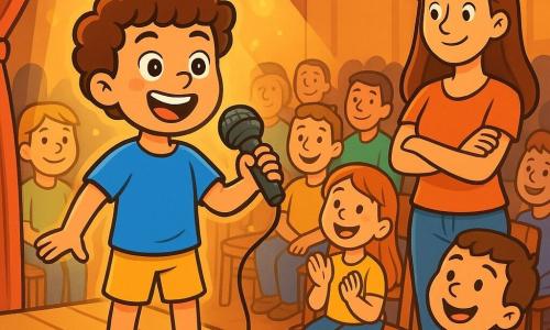 Un ragazzo di 8 anni, con capelli castani e ricci, con un grande sorriso che irradia orgoglio, si trova su un palco di legno, indossando una maglietta blu brillante e pantaloni corti gialli. Tiene un microfono in mano, con gli occhi brillanti di eccitazione e fiducia. Accanto a lui, sua madre, una donna sulla trentina con capelli lunghi e castani, lo osserva con uno sguardo ammirato, le braccia incrociate, in piedi tra il pubblico, circondata da volti sorridenti. Il luogo è una sala spettacoli accogliente, decorata con festoni colorati e piena di sedie di legno, con bambini e genitori seduti, tutti catturati dalla performance. Il palco è illuminato da riflettori scintillanti, creando un'atmosfera magica. La scena principale mostra il ragazzo che canta con passione, la sua voce risuonando nella sala, mentre il pubblico applaude con entusiasmo, creando un'atmosfera di gioia e celebrazione.