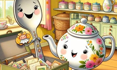 Oliberta, una cucharita de metal con una brillante sonrisa y un largo mango curvado, está llena de alegría y emoción mientras descubre una caja llena de recuerdos en un cajón de cocina. A su lado, Tilly, una hermosa tetera de porcelana blanca con coloridos patrones florales, observa con una mirada sabia y amigable, sonriendo con ternura mientras sostiene un pequeño libro de recetas. La escena se desarrolla en una cocina cálida y acogedora, con paredes pintadas de amarillo pastel, estanterías llenas de tarros de especias coloridos y una gran ventana que deja entrar la luz del sol, iluminando la habitación con un suave resplandor. La situación principal muestra a Oliberta y Tilly descubriendo cartas antiguas y fotografías amarillentas, rodeadas de flores frescas y una tarjeta hecha a mano, listas para preparar una emotiva sorpresa para el Día de la Madre.