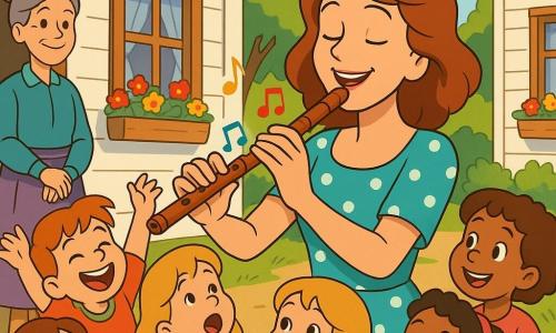 Una cantante-música sonriente y radiante, de piel clara y cabello castaño ondulado hasta los hombros, toca con pasión una flauta de madera brillante; a la izquierda, la maestra del pueblo, mujer de unos 40 años con cabello gris recogido en moño, orgullosa y sonriente, está junto a la puerta de la escuela de madera. Cinco niños (tres niñas y dos niños de 6 a 9 años) rodean a la cantante: una niña con trenzas aplaude, un niño pelirrojo salta riendo, una niña rubia escucha boquiabierta, un niño moreno sostiene una campanilla y una niña mestiza acaricia la flauta; todos con ropa colorida y sonriendo. El escenario es el patio de una pequeña escuela de verano con edificios de madera pintados de blanco, cortinas bordadas, flores rojas y amarillas en jardineras, camino de tierra, árboles verdes y cielo azul con nubes esponjosas; se percibe un ensayo alegre al aire libre con luz cálida, notas musicales dibujadas como líneas de colores que salen de la flauta y una atmósfera amigable y mágica.