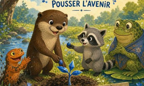 Lía, una nutria de pie y sonriente de pelaje marrón brillante y ojos como canicas, sostiene una pequeña semilla azul y la coloca con cuidado en un hoyo de tierra fresca; a su lado está Tilo, un pequeño mapache (ratón/topo) de bigotes finos y pelaje gris claro, en puntillas ofreciendo una baya; Abuela Rema, una gran rana verde con manchas caqui y ojos sabios, se sienta en un nenúfar junto a un pequeño estanque mirando con benevolencia; una salamandra lodosa de cuerpo naranja salpicado de barro emerge del borde del arroyo a la izquierda aplaudiendo con sus patitas; todo ocurre en un claro bañado por el sol con hierba verde, hojas doradas, flores silvestres azules y un arroyo burbujeante; Lía planta la Semilla del Remolino, ya asoma un brote azul cuyas hojas brillan y señalan en distintas direcciones como una brújula viva, con una atmósfera de esperanza y camaradería y una paleta de gouache de colores cálidos y textura visible de pincel.