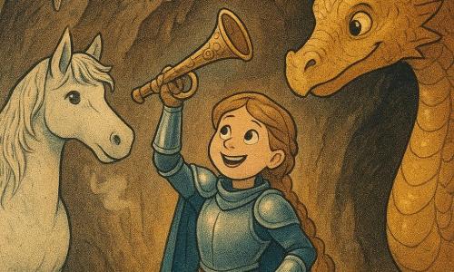 Una joven caballera valiente y sonriente con armadura de acero bruñido de reflejos azulados y trenza, sostiene una antigua corneta de latón con motivos de nubes, orgullosa y asombrada junto a su caballo blanco Estrella de crin plateada; un gran dragón de escamas doradas y mirada cálida la protege inclinándose hacia ella. La entrada de una cueva rocosa con estalactitas brillantes, vapor y luz dorada al fondo, suelo húmedo con pequeñas flores luminosas; composición centrada con ligero contrapicado heroico, estilo de ilustración simple y amable para niños de 6 años.