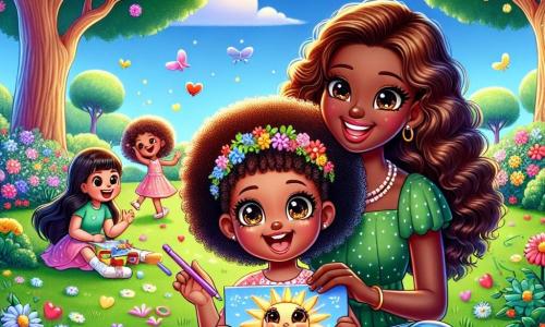 Una bambina di 2 anni, Mia, con grandi occhi scintillanti e capelli ricci, è seduta sull'erba verde, circondata da colori vivaci. Sorride felicemente, tenendo un disegno del sole tra le manine. Accanto a lei, sua madre, una donna di circa trent'anni con capelli lunghi e castani, la guarda con un sorriso affettuoso, seduta su una coperta da picnic. Tiene un libro illustrato ed è felice di condividere questo momento con sua figlia. Il luogo è un parco estivo, pieno di fiori colorati e alberi maestosi, sotto un cielo blu chiaro con alcune nuvole bianche. I bambini giocano in lontananza, aggiungendo un'atmosfera gioiosa alla scena. Mia sta disegnando un grande sole con raggi colorati, mentre sua madre la incoraggia e ammira la sua opera. L'atmosfera è piena di risate e felicità, catturando la magia delle vacanze estive.