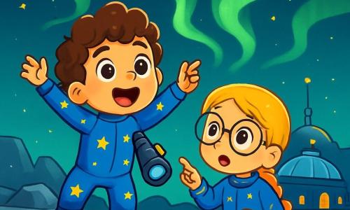 Un ragazzo di 6 anni, Leo, con capelli castani e ricci, grandi occhi meravigliati, si trova su una piccola luna scintillante, le braccia alzate in segno di eccitazione. Indossa una tuta spaziale blu decorata con stelle gialle e tiene un binocolo in una mano. Accanto a lui, la sua migliore amica Mia, una ragazza di 6 anni con capelli biondi intrecciati e occhiali rotondi, guarda anche le luci misteriose, gli occhi spalancati dalla curiosità. Il paesaggio intorno è composto da rocce argentate e crateri, sotto un cielo stellato dove danzano aurore boreali verdi. In lontananza, la Base StellaBlu brilla come un faro, con le sue cupole trasparenti e luci lampeggianti. Leo e Mia, meravigliati, puntano il dito verso le strane luci verdi che scintillano nel cielo, pronti a scoprire un nuovo mistero intergalattico.