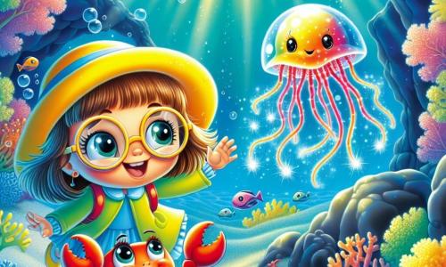 A 4-year-old girl with round glasses and a bright yellow hat is happily swimming underwater. Her face shows wonder and curiosity, with a big smile illuminated by light filtering through the waves. Beside her, a small red crab with sparkling eyes walks on the seabed, holding one of its claws towards her as if encouraging her to explore. A little further away, a glowing jellyfish floats gently, its tentacles shimmering in the clear water, adding a magical touch to the scene. The setting is a turquoise ocean filled with colorful corals and multicolored fish swimming around them. Sun rays penetrate the water's surface, creating dancing patterns on the sand. The main situation shows the girl and the crab venturing together towards a mysterious cave, where dark rocks stand at the entrance as they prepare to discover the hidden wonders inside.