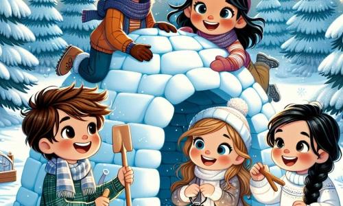 In una radura incantata, quattro amici sono insieme: Marco, un ragazzo di dodici anni con capelli castani arruffati e un grande sorriso, è seduto sulla neve con una pala di legno. Accanto a lui, Luca, un altro ragazzo di dodici anni con occhiali e capelli biondi, si piega per raccogliere neve, pronto a modellarla. Sara, una ragazza di dieci anni con lunghi capelli neri intrecciati, è in piedi con le braccia incrociate, sorridendo con entusiasmo, mentre Giulia, una ragazza di dieci anni con capelli castani e ricci, mostra una lanterna di carta che ha portato per illuminare il loro igloo. Il paesaggio è una bella radura circondata da alti abeti coperti di neve scintillante, con un cielo azzurro chiaro e alcune nuvole bianche. Al centro della scena, un igloo di neve sta prendendo forma, con muri arrotondati e una piccola entrata, mentre fiocchi di neve cadono dolcemente intorno a loro. I bambini ridono e si divertono, lavorando insieme per creare il loro rifugio segreto, simbolo di amicizia e magia invernale.