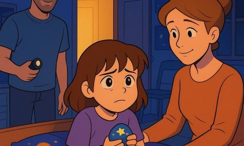 A 10-year-old girl with mid-length brown hair and bangs, a round face and large moist eyes, looking anxious but determined, clutches a small stone painted with stars while lying under a planet-patterned duvet; the mother, about 35, with light brown hair in a bun and a gentle expression, sits on the right edge of the bed with her hand on the sheet to reassure her; the father, about 37, with light stubble and a casual T-shirt, stands by the slightly open door to the left holding a small flashlight off and wearing an encouraging look; the small tidy bedroom has a bookshelf, a chair with a folded hoodie, a closed white closet, star posters and a window onto a dimly lit hallway; the star nightlight has just been turned off so soft darkness and gentle round shadows fill the room while the ajar door admits a strip of warm corridor light; warm muted palette with soft yellows for the corridor light and midnight blues and pale violets for the shadows, simple textures and clean lines in a 1990s cartoon style.