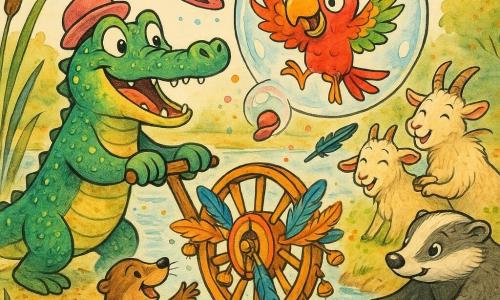 Um crocodilo protagonista, Carlito, sorridente e maravilhado, pele verde-esmeralda com pequenas escamas brilhantes, olhos risonhos, usando um pequeno chapéu redondo rosa; segura uma grande alavanca de madeira e empurra um engenho em forma de roda decorado com penas e sinos. Pipo, o papagaio de plumagem vermelha, verde e amarela, travesso, está preso numa bolha gigante transparente que brilha como vidro; abana uma asa e deixa cair uma pequena caneta preta. Lila, a lontra de pelo castanho lustroso, está numa tábua de madeira no lago, braços estendidos pronta para apanhar a bolha, sorrindo para Carlito. Bento, o texugo rechonchudo de pelos cinza e branco, empurra a tábua da margem, concentrado apoiado nas patas dianteiras. Mima e Mimo, as cabras gémeas de pêlo creme, riem abraçadas perto da roda com migalhas de bolo nos beiços. Cenário: clareira à beira de um lago brilhante, juncos verdes ondulando, céu azul-pálido, manchas de luz na água, folhas caídas e confetes de bolhas coloridas no ar. Situação: a grande bolha leva o chapéu de Carlito e Pipo, a máquina Riso-Rolante gira ao fundo soprando pequenas bolhas; todos os amigos organizam-se para apanhar a bolha numa cena alegre, dinâmica e bem-humorada. Estilo: traços de tinta nítidos, cores saturadas e vivas, texturas de penas e escamas visíveis, composição dinâmica e lúdica.