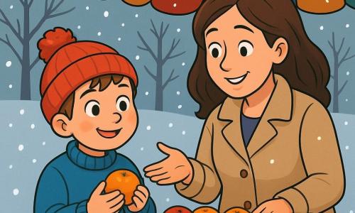 A 6-year-old boy, Oliver, with brown hair and rosy cheeks, is wearing a large blue sweater and a red pom-pom hat. He has a curious look and an amazed smile as he holds a clementine in his hands. Next to him, his mother, a woman in her thirties with brown hair and a beige wool coat, smiles tenderly while showing him the fruit stand. The stand is decorated with a large colorful umbrella, filled with shiny red apples, oranges, and clementines. In the background, bare trees stand under a gray sky, while snowflakes gently fall. Oliver and his mother stand in front of the stand, surrounded by a warm winter atmosphere, with twinkling lights illuminating the scene.