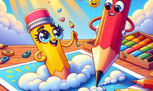 In the center of the image, Penny, a small yellow crayon with a big smile and sparkling eyes, is drawing fluffy clouds on a large sheet of paper. She looks determined and joyful, with soft, colorful features, surrounded by bright colors. On the left, Red, a tall red crayon, watches with an amazed and admiring expression; he has a sturdy appearance and stands proudly but seems a bit surprised by Penny's talent. On the right, Blue, a blue crayon, is smiling widely, his eyes shining with encouragement as he draws part of the sky, adding vibrant shades of blue. The background shows a colorful art box filled with crayons and markers, with splashes of color brightening the space. The large sheet of paper rests on a wooden table, and sunlight streams through a window, creating a warm and welcoming atmosphere. The main scene depicts Penny, the small crayon, courageously and creatively contributing to the creation of a beautiful rainbow, proving that even the smallest can achieve great things and that every color has its place in art.