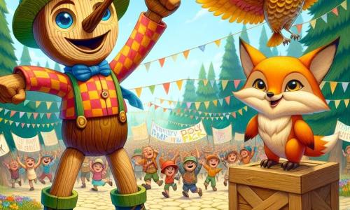 Pinocchio, ein hölzerner Junge mit einer großen, astförmigen Nase, hat ein entschlossenes Lächeln im Gesicht. Er trägt einen bunten Hut und ein kariertes Hemd und hebt die Arme siegesbewusst inmitten einer begeisterten Menge. Neben ihm fliegt eine schöne Eule mit goldenen Federn und funkelnden, weisen Augen, bereit, die Kinder zu ermutigen, ihren Park zu verteidigen. Ein kleiner, schlauer Fuchs mit leuchtend orangefarbenem Fell und schelmischen Augen steht auf einer Holzkiste und motiviert die Menge mit energischen Gesten. Die Szene spielt in einem grünen Park, voller majestätischer Bäume, bunter Blumen und einem strahlend blauen Himmel. Handgemachte Banner wehen im Wind und tragen Botschaften zur Unterstützung des Parkschutzes. Im Mittelpunkt steht Pinocchio mit seinen Freunden, die eine große Versammlung organisieren, um die Stadtbewohner zu ermutigen, sich gegen die Bedrohung eines Einkaufszentrums für ihren Park zu versammeln.