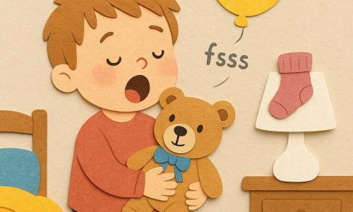 Un băiețel de 2 ani, vesel și curios, cu păr șaten deschis în şuvițe, obraji rotunzi și ochi vii, ține strâns un ursuleț de pluș maro deschis cu fundă albastră și zâmbește visător privind o lampă de noptieră albă, pe abajur având o șosetă roz ca un pălărie amuzantă; lângă tavan plutește un balon galben în formă de bulă, ușor dezumflat, din care iese o bulețică „fsss”; camera e caldă și puțin împrăștiată — pătură muștar șifonată, pernuță albastră pe un scaun de lemn și covoraș cu dungi roșii și albe — băiețelul, în centru, pare gata să strângă înainte de culcare.