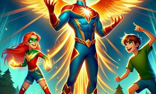 The main character, Captain Radiant, is a tall, muscular man with golden hair that shines like sunlight. His bright blue eyes sparkle with energy and determination. He stands at the center of the image, raising his arms to the sky, surrounded by a glowing aura, ready to face a challenge. 

Next to him, Avery, a 14-year-old girl with fiery red hair, is concentrating her energy to create a flame in her hand. Her expression is determined, and she wears a red and gold superhero suit that sparkles in the light. 

Leo, a 13-year-old boy with a mischievous smile and tousled brown hair, is whistling to call his falcon, Zephyr, who is flying above them. Leo is dressed in a green t-shirt and shorts, looking ready to spring into action. 

The scene takes place in the training yard of Radiant Academy, a vast green space surrounded by majestic trees and sparkling mountains on the horizon. Colorful lights illuminate the area, creating a magical and dynamic atmosphere. 

The main situation shows Captain Radiant and his young heroes preparing to confront a mysterious villain approaching, threatening to absorb the light from their world. Excitement and tension are palpable as they unite their powers to defend their academy and protect the city of Luminaris.