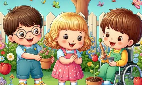 In a blooming garden, three children are playing together. Sam, a 7-year-old boy with brown hair and glasses, wears shiny yellow shoes and smiles while looking at a flower. Next to him, Mia, a 6-year-old girl with curly blonde hair, wears a pink dress and joyfully claps at the sight of a butterfly. Liam, an 8-year-old boy with chestnut hair and a warm smile, is in his wheelchair, holding a small pot of soil with a seed, his eyes sparkling with excitement. The garden is filled with colorful flowers: red tulips, white daisies, and yellow daffodils, while bees buzz around them. In the background, a large green tree provides shade, and a bird builds its nest in its branches. The children are planting seeds in the ground, surrounded by laughter and joy, discovering the beauty of spring and the importance of caring for nature.