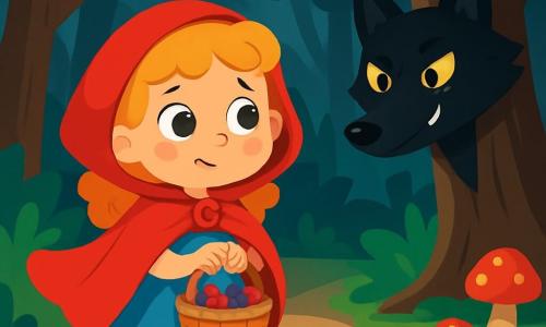 A 4-year-old girl named Elsie, with big bright eyes and curly golden hair, wears a red cape that floats around her. She has a curious smile and a look that is both joyful and slightly anxious as she holds a small wicker basket filled with colorful berries. Nearby, a large black wolf with sparkling eyes hides behind a tree, its pointed ears perked up, watching Elsie with a cunning expression. The setting is a dense forest with tall, gnarled trees, vibrant green leaves, and colorful mushrooms growing on the ground. Moonbeams filter through the foliage, creating dancing shadows on the forest floor. The main scene shows Elsie, intrigued and a bit nervous, approaching a mysterious path, while the hidden wolf seems ready to pounce, adding tension to the enchanted atmosphere of the forest.