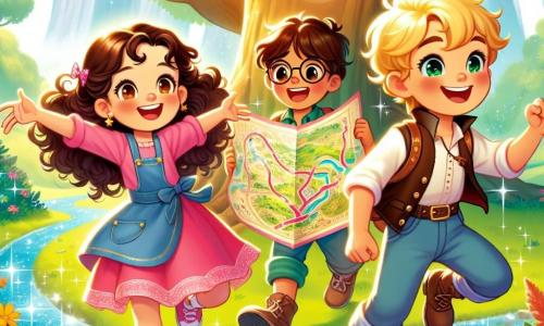 In the center of the image, Mia, a 7-year-old girl with long curly hair and a pink dress, holds a shiny paper map with a big smile on her face. To her right, Leo, a 6-year-old boy with blonde hair and sparkling eyes, jumps for joy while pointing to the path they need to follow. On the left, Sam, a 7-year-old boy with glasses and brown hair, leans forward curiously looking at the map. The setting is a sunny meadow dotted with colorful flowers and lush trees. In the background, a sparkling stream flows gently, and a large friendly tree with wide branches stands, seemingly smiling at the children. The three friends are on an adventure, ready to explore the path indicated by the magical map, with expressions of joy and excitement as they prepare to discover hidden treasure.