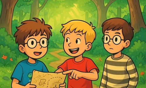 There are three characters: Milo, a 10-year-old boy with messy brown hair and glasses, wearing a blue t-shirt with a dinosaur design and green shorts, holding a treasure map with wonder. Sam, a 10-year-old boy with short blonde hair and a mischievous smile, wearing a red t-shirt and denim shorts, enthusiastically pointing at a direction on the map. Elliot, a 10-year-old boy with brown hair and round glasses, wearing a striped sweater and beige pants, slightly in the background, curiously observing the trees. The main setting is an enchanted forest filled with majestic trees, thick trunks, and vibrant green leaves, with sunlight filtering through the foliage, creating golden patterns on the moss-covered ground. Colorful flowers and strange mushrooms dot the path, while a gentle stream can be heard in the distance. The main situation shows the three friends, excited and curious, standing before a mysterious path that splits into three directions, each boy looking at the map with expressions of adventure and determination.
