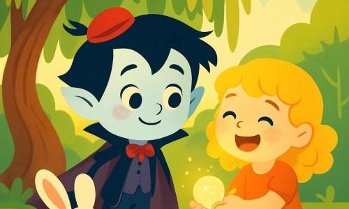 A young vampire boy, Vinnie, with rosy cheeks and a small red hat, smiles shyly, his eyes sparkling with curiosity. He stands near a large weeping willow, his black hair gently blowing in the breeze. Beside him is a little girl, Lila, about 7 years old, with golden curls and bright eyes, joyfully laughing while holding a small sparkling stone in her hands. An adorable white rabbit, Pip, with big ears, sits at their feet, his eyes wide with excitement. The scene takes place in an enchanted glade, bathed in soft golden light, surrounded by majestic trees with vibrant green leaves and colorful flowers dancing in the wind. The main situation shows the three friends sharing joyful stories, laughing together under the willow, as a gentle glow emanates from the magical stone, illuminating their faces with a warm and friendly light.