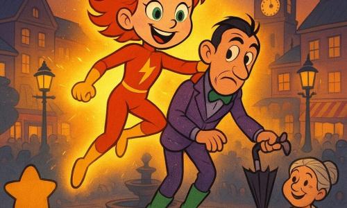 Zara Zoom, about 10, center, determined joyful face, bright green eyes, fiery messy red hair, red suit with yellow lightning, glowing golden as she firmly holds villain Dr. Darkout, about 35, mildly embarrassed in a purple sequined suit and neon green boots with a gadget umbrella; they descend from a flying workshop above Central Plaza while Zara’s light acts like a parachute; Mrs. Goldfinch, ~60, smiling baker with gray hair in a bun, offers a pastry box from the crowd at right; a ~7-year-old girl with astonished eyes holds a star-shaped balloon at left foreground and a ~9-year-old boy jumps and applauds nearby; the wide plaza has shiny circular cobbles, a dark central fountain, a blinking clock, colorful storefronts and lit art-deco lamps under an orange-purple twilight sky, with flags, sparks and flying tools around and a cheering crowd below; graphic style: exaggerated curved lines, rubber-hose proportions, saturated contrasting colors, slight paper grain texture, soft shadows and cobble reflections.