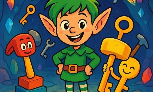 Um elfo chamado Pip, alegre e travesso, com grandes orelhas pontudas e cabelos verdes brilhantes, está no centro da caverna. Ele sorri com olhos brilhantes de malícia, cercado por chaves dançantes e martelos flutuantes. À sua direita, uma chave divertida, com um rosto sorridente e braços enrolados, brinca de esconde-esconde atrás de um grande martelo dourado. À sua esquerda, um martelo vermelho-vivo, com olhos redondos e uma expressão divertida, tenta se equilibrar em uma pilha de pequenas caixas coloridas. A caverna é iluminada por cristais cintilantes nas paredes, projetando reflexos multicoloridos no chão de pedra lisa. Ferramentas de todos os tipos estão espalhadas, criando uma atmosfera mágica de festa. Pip, com um ar determinado mas divertido, tenta organizar as ferramentas em um jogo, transformando a bagunça em uma competição alegre.