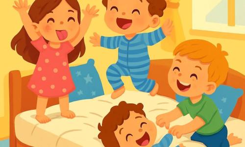Um menino de 2 anos, com cabelos cacheados e olhos brilhantes de alegria, pula em uma grande cama macia, rindo alto. Ele usa um pijama azul listrado e tem um sorriso radiante no rosto. Ao lado dele, uma menina de 4 anos, com longos cabelos castanhos e um vestido rosa de bolinhas, faz caretas enquanto se segura na borda da cama, com os braços levantados como uma rainha. Um menino de 6 anos, com cabelos loiros e uma camiseta verde, está deitado na cama, rindo e fazendo cócegas no irmão mais novo. A cena acontece em um quarto acolhedor, com paredes pintadas de amarelo pastel, brinquedos espalhados pelo chão e almofadas coloridas na cama. Os raios de sol filtram através das cortinas leves, criando uma atmosfera alegre e iluminada. As crianças se divertem juntas, rindo e brincando de serem reis e rainhas na cama, criando um momento de felicidade e cumplicidade.
