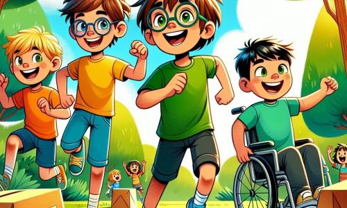 Em um parque ensolarado, quatro amigos se preparam para uma corrida de obstáculos. Pedro, um garoto de 10 anos com cabelos bagunçados e óculos redondos, veste uma camiseta amarela e um short azul, rindo e animando os amigos. Miguel, de 9 anos, com cabelos loiros e um grande sorriso, usa uma camiseta verde e calças vermelhas, tropeçando em uma caixa de papel de forma cômica. João, também de 10 anos, com cabelos negros e olhos brilhantes, veste uma camiseta azul clara e um short preto, correndo determinado à frente de Lucas. Lucas, de 9 anos, com cabelos castanhos e um sorriso radiante, está em sua cadeira de rodas, vestido com uma camiseta laranja, pronto para rolar rapidamente como um super-herói. O parque é verdejante, com árvores majestosas e flores coloridas. A cena principal mostra os amigos correndo entre caixas de papel que formam obstáculos divertidos, com Miguel caindo em uma caixa, enquanto Pedro e João correm à frente e Lucas ri tentando alcançá-los. A energia e a camaradagem são palpáveis nesta ilustração vibrante e alegre.
