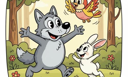 Un lobo amable y redondeado de pelaje gris suave con contornos gruesos, grandes ojos brillantes y sonrisa amplia; corre brincando con patas flexibles y brazos abiertos invitando a jugar. Una pequeña liebre blanca de pelaje esponjoso, orejas rosadas y mirada tímida pero sonriente salta junto al lobo mirando hacia él, entusiasta. Un pájaro pequeño y rechoncho de plumas rojas y amarillas vuela sobre ellos con alas desplegadas, cantando. La escena ocurre en un claro soleado del bosque con hierba verde en bucles, flores simples, hongo redondeado y árboles de troncos curvos y hojas redondeadas; los tres amigos juegan corriendo y riendo en poses exageradas, ambiente cálido y acogedor, colores vivos y contraste marcado en estilo cartoon retro con contornos negros.