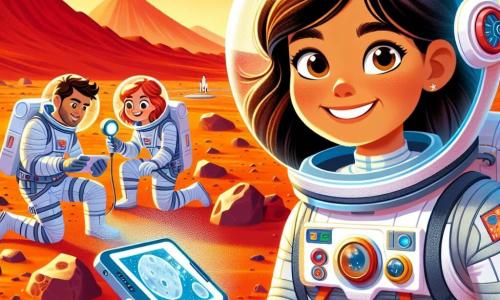 O astronaută, Elena, stă pe suprafața roșiatică a lui Marte, zâmbind larg, cu ochii strălucind de entuziasm. Ea poartă o costum spațial alb și argintiu, împodobit cu detalii colorate, și o cască transparentă care reflectă peisajul marțian. Lângă ea, Marco, un bărbat de 30 de ani cu părul brun și barbă îngrijită, examinează o piatră ciudată cu un aparat științific, având o expresie concentrată și curioasă. În fundal, Ana, o femeie de 28 de ani cu părul blond, ia notițe pe o tabletă, fața ei radiază de bucurie și uimire. Solul este presărat cu roci roșii și praf fin, în timp ce munți măreți se ridică la orizont sub un cer portocaliu strălucitor. Situația principală arată echipa lui Elena în plină explorare, descoperind minerale rare care ar putea dezvălui secrete despre viața trecută a planetei.