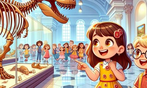 Una bambina di 6 anni, Sofia, con lunghi capelli castani e occhi pieni di curiosità, indossa un vestito giallo decorato con fiori rossi. Sorride meravigliata guardando un gigantesco scheletro di dinosauro al museo. Accanto a lei, il suo amico Marco, un ragazzo di 6 anni con capelli biondi e occhiali tondi, indica il dinosauro con aria affascinata. Il museo è spazioso, con pareti bianche e luci soffuse che valorizzano le esposizioni. Grandi vetrine mostrano fossili e animali imbalsamati, mentre un pavimento in marmo lucido riflette la luce. Sofia e Marco si trovano davanti allo scheletro, circondati da altri bambini, tutti catturati dalla scoperta. L'atmosfera è gioiosa e piena di eccitazione, con risate ed esclamazioni di meraviglia che risuonano nell'aria.