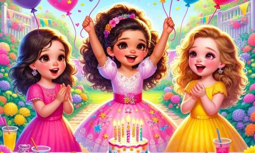 Lily, a nearly three-year-old girl, wears a pink dress with shiny stars and has big sparkling eyes filled with joy. She is the center of the image, smiling with her arms raised in celebration. To her right is Mia, another three-year-old girl with curly brown hair and a yellow dress, clapping enthusiastically. On the left, Emma, a nearly three-year-old girl with straight blonde hair, holds a red balloon and laughs joyfully. In the background, a colorful garden filled with bright flowers and greenery can be seen. A large table is set with a beautiful birthday cake decorated with candles, plates of cookies, and cups of juice. Colorful balloons float in the air, adding a festive touch to the scene. The main focus shows the three friends joyfully running after balloons that are flying away, with expressions of surprise and excitement on their faces. The sun shines in a clear blue sky, creating a joyful and festive atmosphere for this special day.