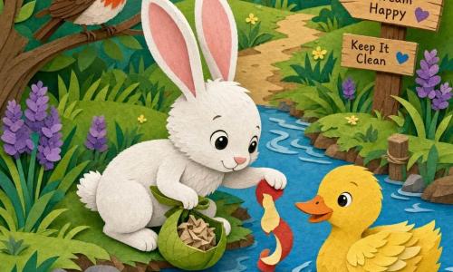 A small soft white rabbit with large pink ears and bright round eyes, felt-like fur, looking calm and reaching to take an apple peel at the edge of a clear blue-green stream; a round yellow duck with layered feathers and a gentle smile swims nearby encouragingly; a bright red-orange robin perches on a low branch, looking pleased; a small water insect and a spiral-shelled snail slide on a floating leaf beside the rabbit; grassy paper-like banks, clumps of purple flowers, a soft brown path lined with simple wooden signs; the centered, child-friendly scene shows the rabbit holding the peel in one paw and a small leaf-bag with a crumpled old paper, capturing a gentle protective moment by the water.