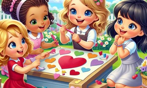 In un giardino soleggiato, quattro bambini sono riuniti attorno a una grande scatola decorata con cuori di carta colorata. Sofia, una bambina di sei anni con capelli ricci e occhi brillanti, sorride tenendo una matita rosa, pronta a disegnare cuori su un grande cartone. Anna, una bambina di sei anni con capelli biondi intrecciati e un vestito rosso, alza le braccia ridendo, circondata da coriandoli a forma di cuore. Chiara, una bambina di sei anni con capelli castani e occhiali, è seduta sull'erba, intenta a ritagliare cuori di carta con forbici colorate. Lucia, una bambina di sei anni con capelli neri e lisci, si inclina in avanti per ammirare le creazioni delle sue amiche, con un grande sorriso sul viso. Il giardino è pieno di fiori colorati, con rose rosse e margherite bianche, e un cielo blu chiaro punteggiato di nuvole soffici. I bambini si divertono a preparare biglietti e caramelle per celebrare la festa di San Valentino, condividendo risate e sorrisi, mentre scoprono la gioia dell'amicizia.